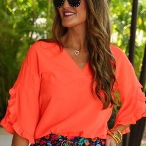 Neon Coral Amy Ruffle Sleeve Top